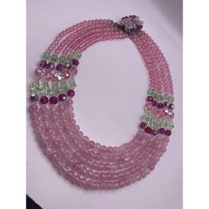 Vintage High End Designer Pink & Green Jeweled Multi-Strand Glass Bead Necklace